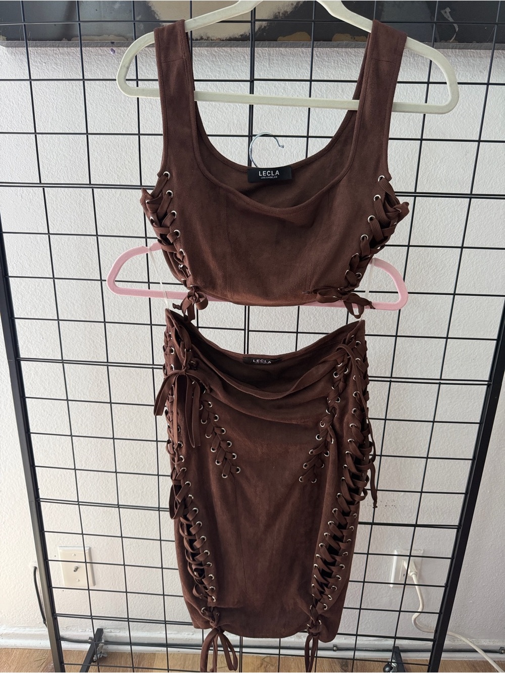 NWT: Brown Lace-Up Midi Top & Skirt - set Suede Look